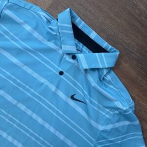 Nike Dri Fit Blue Geometric Striped Polo Shirt Men's Sz M Golf Casual Sporty